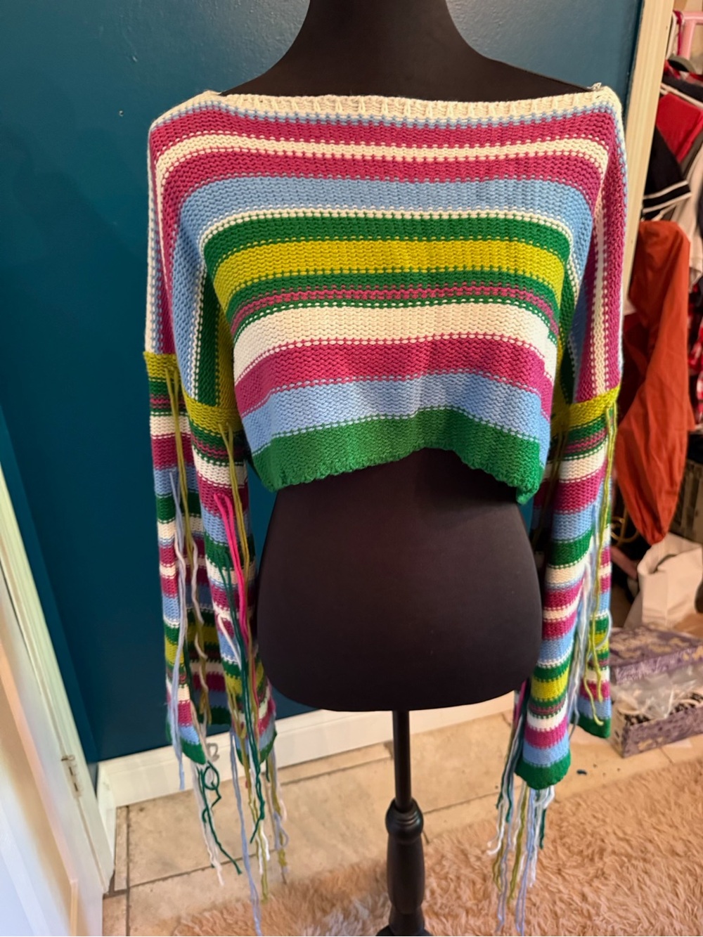 Crochet Striped Fringe Crop Top - Multicolor